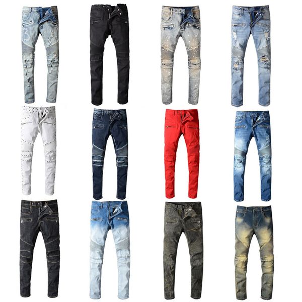 

2020 balmain mens проблемные рваные джинсы байкер slim fit мотоцикл байкер denim для мужчин модельер хип-хоп мужские джинсы хорошего качеств, Blue