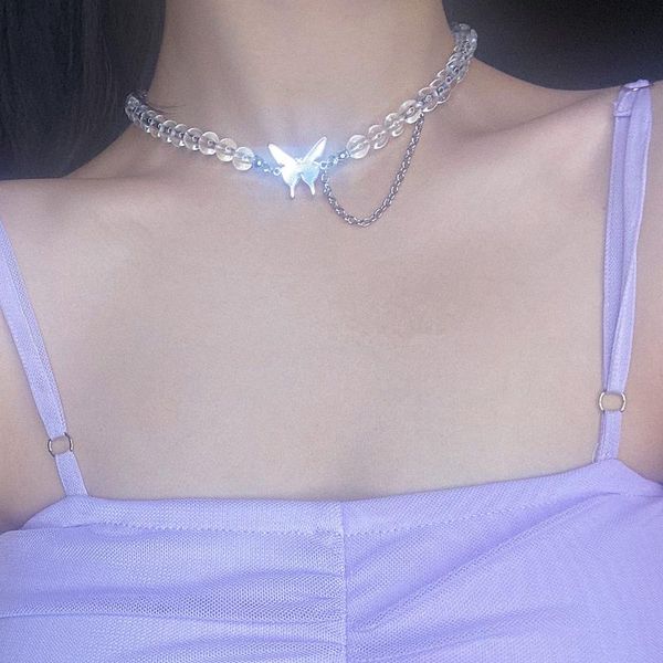

huanzhi asymmetric transparent bead punk silver colour butterfly choker clavicle chain necklace for women girls party accessory, Golden;silver