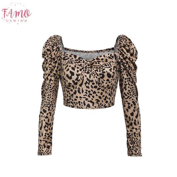 

new women long sleeve vintage leopard print t shirts vogue female ladies square collar short t shirt clothes tshirt femme, White