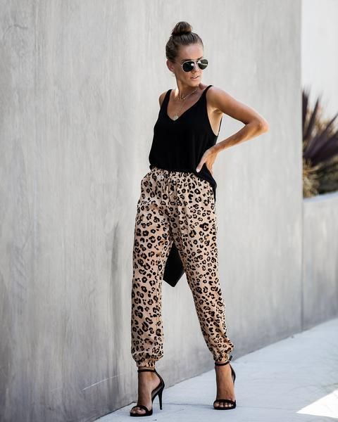 

womens designerleopard print drawstring leg casual pants, Black;white