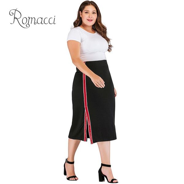 

romacci plus size womens skirt office ladies striped splice high waist skirt split back zipper party large size midi, Black