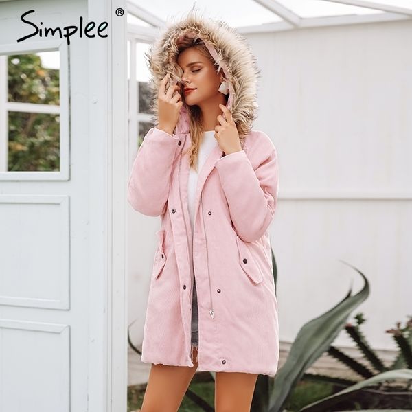 

simplee faux fur splice hooded corduroy thick parka winter warm soft padded coat women 2018 lapel streetwear fashion overcoat y190926, Black;white