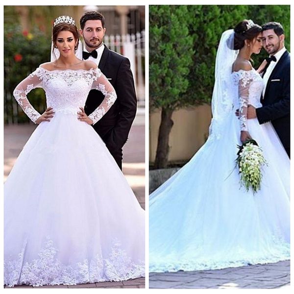 

vbateau long sleeves lace appliques a-line wedding dresses 2019 modest custom middle east garden bridal gowns robe de marriage ladies, White