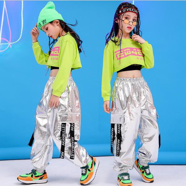 

children hip hop clothing green sweatshirt crop casual pants girl kids jazz dance wear costume ballroom dancing clothes, Black;red