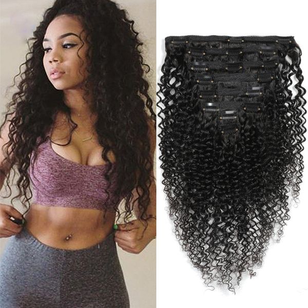 

malaysian 10a human hair kinky curly clip-in hair extensions 120g new products 24inch-8inch available clip on virgin hair natural black, Black;brown