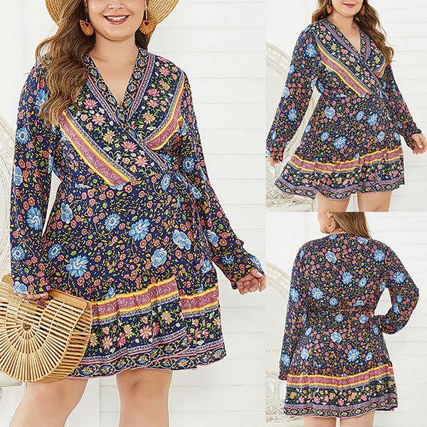 

fashion casual vintage dress women plus size v-neck flowers print short sleeve dress #y2, Black;gray