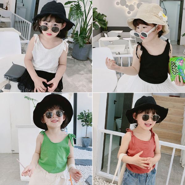 

2020 summer new children's clothing girls' lace vest suspenders children's bow korean solid color camisole, Blue