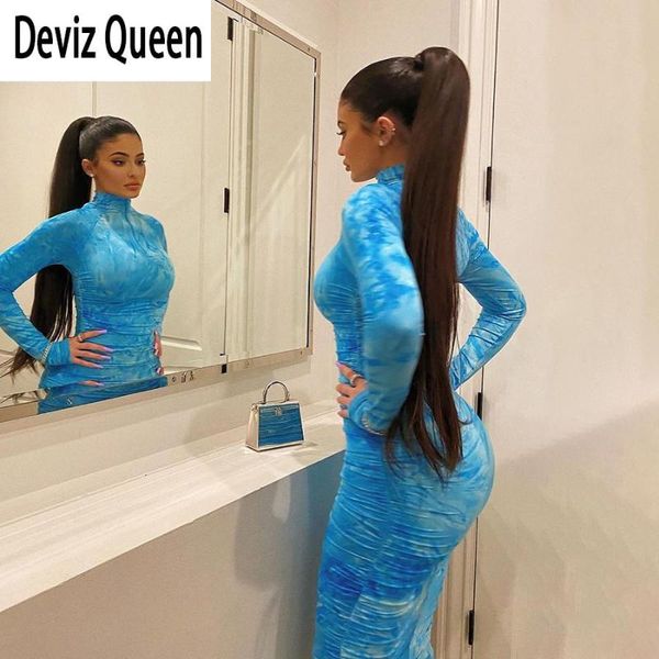 

красочные галстук-краситель полный рукав bodycon midi платья женские модные синие высокое качество платье дамы основные уличные стрейч плать, Black;gray