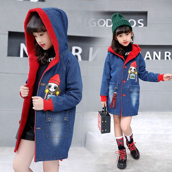 

2019 winter children denim jackets girls jacket long warm clothing kids plus thick velvet jacket cotton hooded outwear for girl, Blue;gray