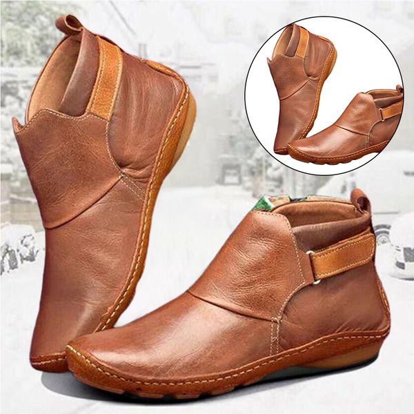 

outdoor shoes short pu leather women ankle boots warm arch support walking casual non slip autumn lightweight fashion flat heel, Black