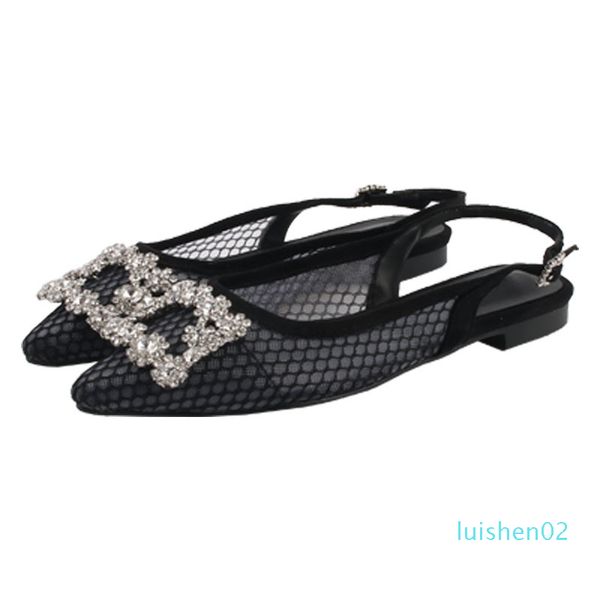 

2019 spring and summer new style rhinestone buckle lace fairy pointy mesh bottom female flat sandals l02, Black