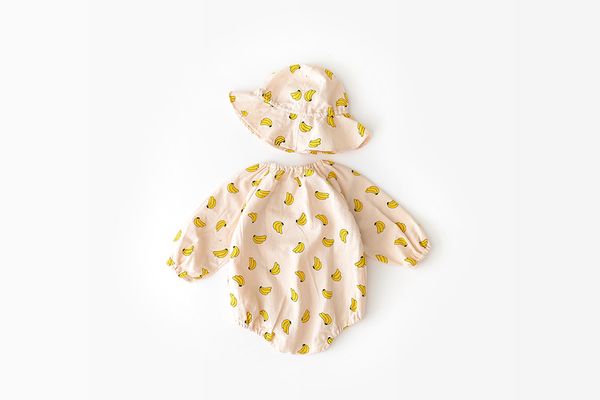 

INS new arrivals baby girl kids climbing romper Long Sleeve Spring Round Collar Banana Print Romper + hat 100% cotton girl rompers 0-2T