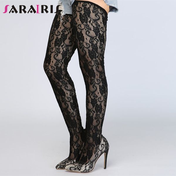 

sarairis plus size 34-47 new lace pointed toe thin high heels shoes woman casual party spring summer over the knee boots, Black