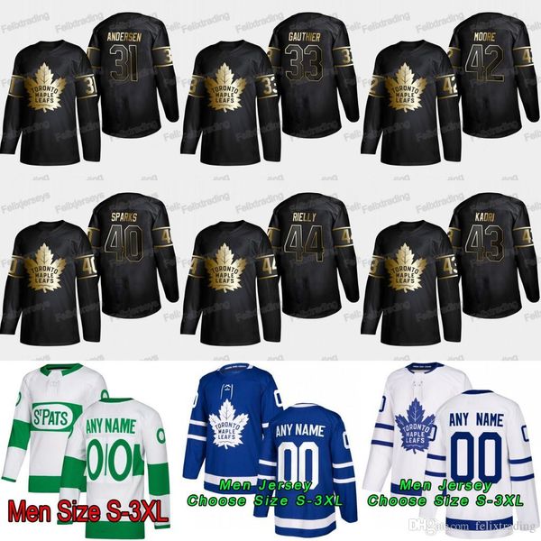 

31 Frederik Andersen 2019 Golden Edition Morgan Rielly Nazem Kadri Trevor Moore Garret Sparks Frederik Gauthier Toronto Maple Leafs Jersey