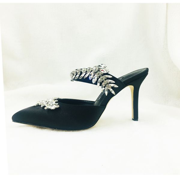 

satin cloth crystal strip decoration women high heels slides outside used bling bling luxury dress shoes, Black