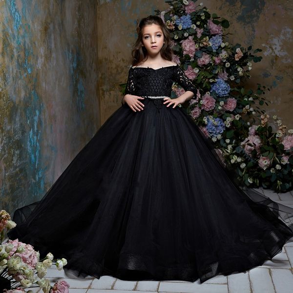 

black 2019 flower girl dresses for weddings ball gown v-neck 3/4 sleeves tulle lace long first communion dresses little girl, Red;yellow