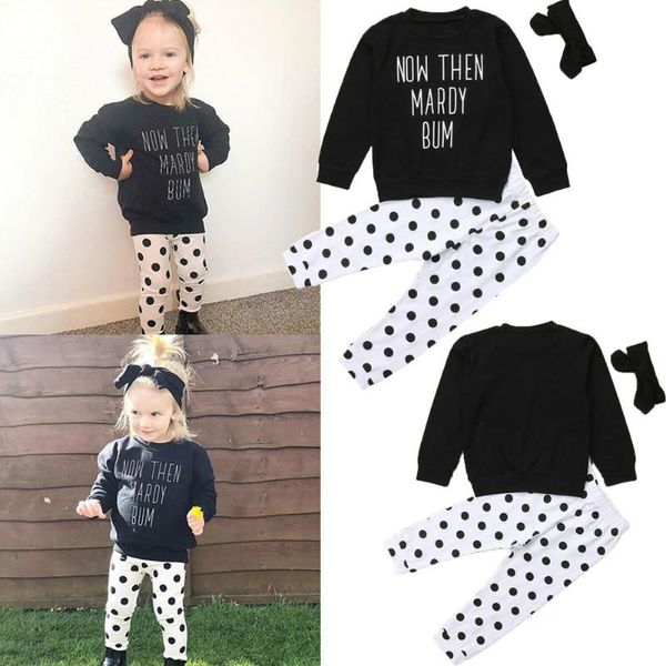 

1-6y pretty casual autumn winter girls clothes sets 3pcs long sleeve letter print pullover sweatshirt +dot pants+headband, White