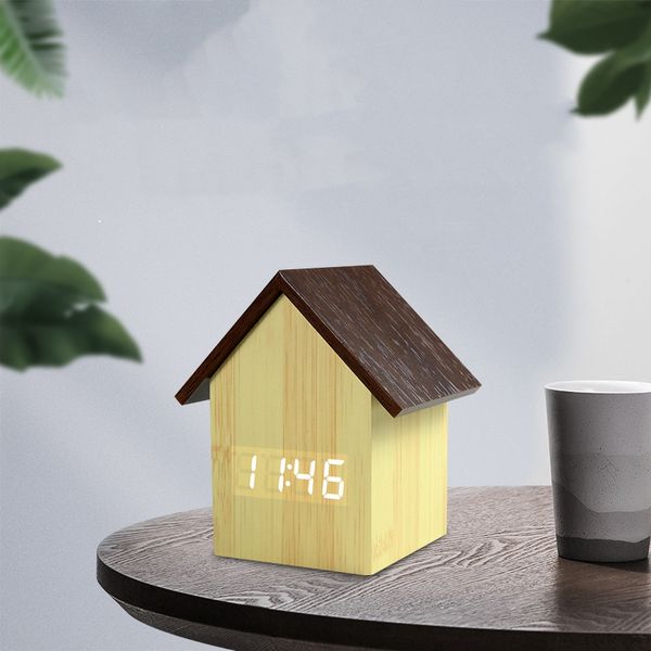 

creative small house led wood clock home office voice-activated electronic alarm clock digital display alarm