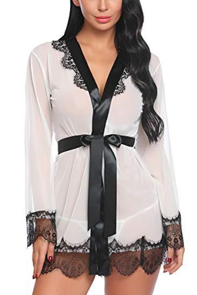 

s  l xl xxl women kimono sleepwear lace patchwork sheer robes lingerie sets nightdress sfy104, Black;red