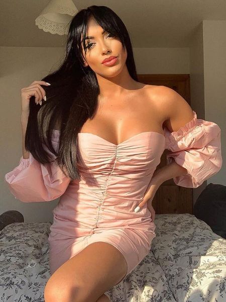 

casual dresses summer clothes for woman lantern sleeve tube dress 2021 european american off shoulder collar pleated fashion slim, Black;gray