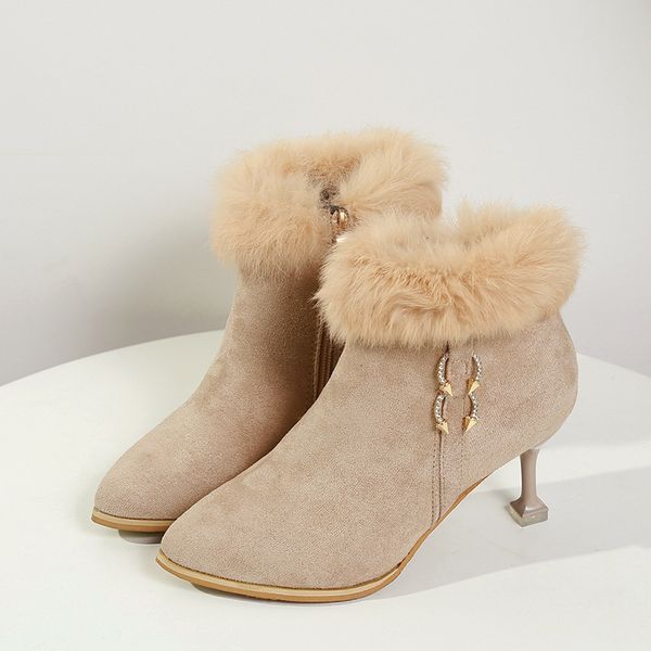 

new style short boots women's thin heeled pointed-toe ankle boots plus velvet snow, Black