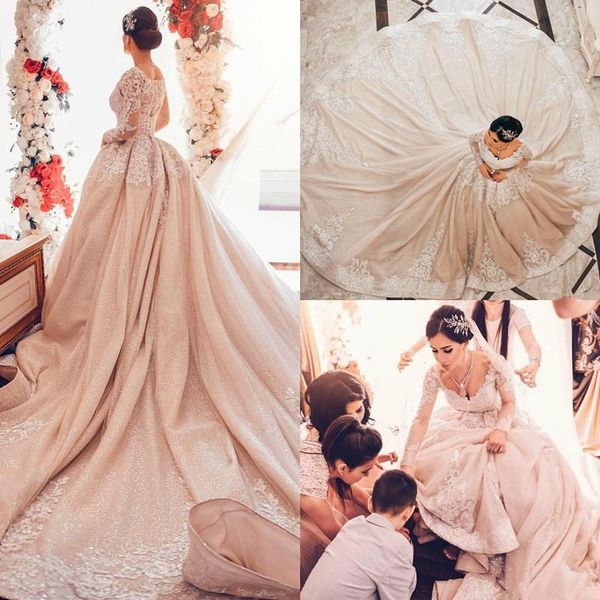 

2020 платье junoesque sequined принцесса арабский дубай свадебные платья v шеи длинным рукавом кружева аппликации длинные поезд замок свадьб, White