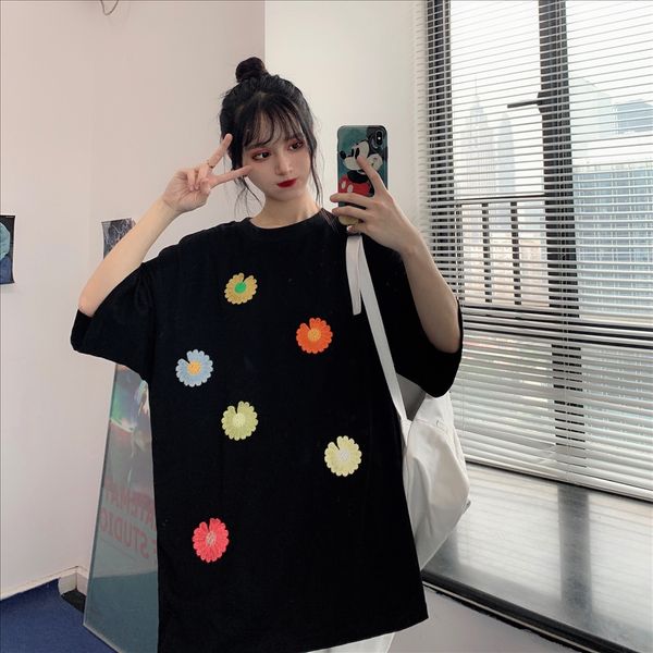 

6535 cotton color three-dimensional chrysanthemum stitched short-sleeved t-shirt women's loose fat mm women's round collar fashion, White