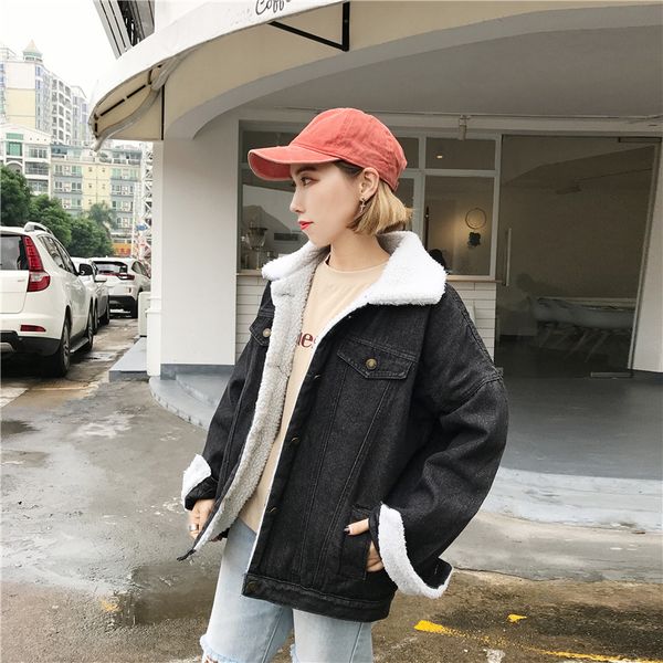 

black and white with pattern lambs wool jeans coat 2017 winter new style korean-style bf style bat sleeve brushed and thick girl, Blue;black