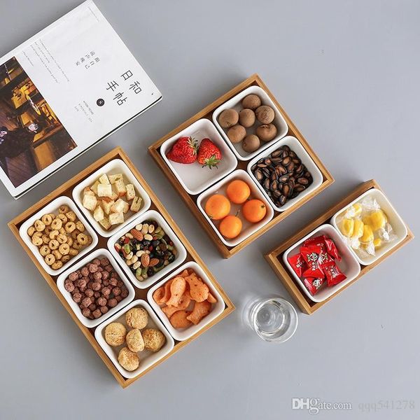 

japan style bamboo storage trays with slots for nuts/snacks/candies ceramic dish plates coffee table storage box home decor