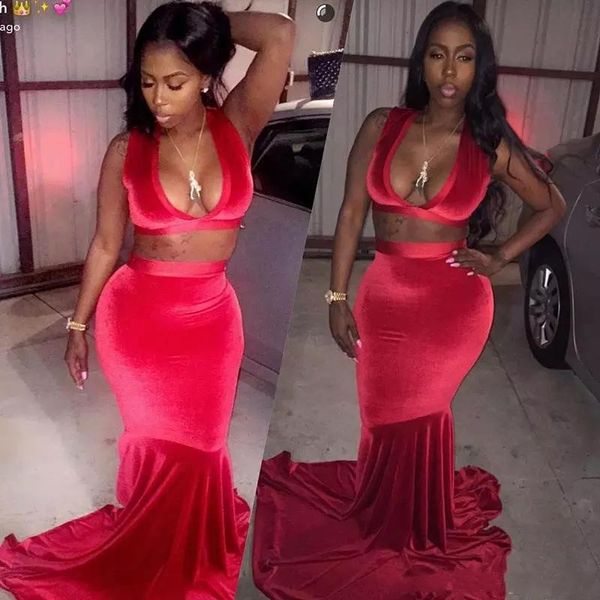 

2019 black girls velvet deep v neck mermaid prom dresses long two pieces backless sweep train african hollow out evening gowns