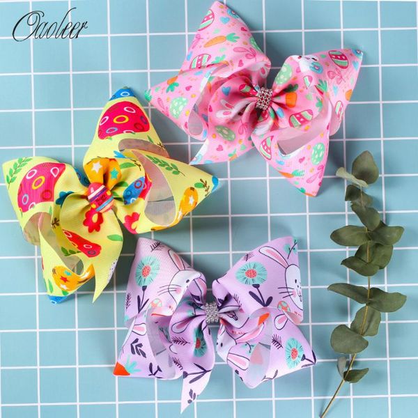 

oaoleer new easter day 6inch hair bows clips for girls cartoon eggs printed ribbon bowknot hairgrips hair accessories, Slivery;white