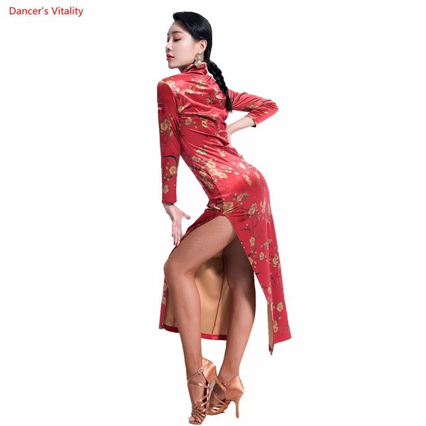 

latin dance dress long sleeve split skirt lady ballroom tango dresses chacha salsa clothes for women latin practice wear, Black;red