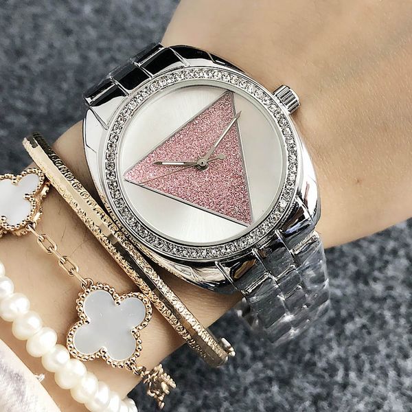 Marken-Quarz-Armbanduhr für Damen und Mädchen, dreieckiges Zifferblatt im Kristallstil, Metall-Stahlband, Uhren GS 21