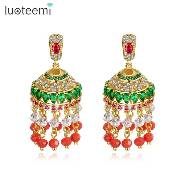 

luoteemi vintage indian design big dangle drop earrings colorful cz inlaid red beads tassle bridal fashion jewelry brincos, Silver