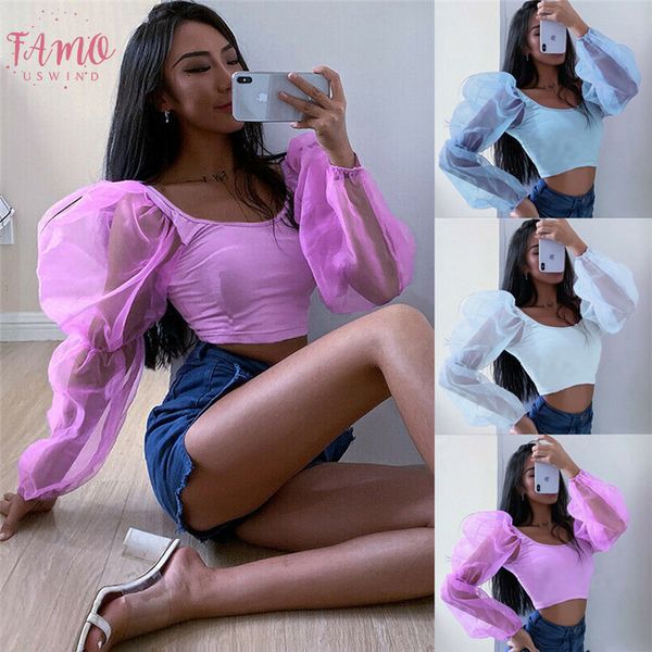 

womens clothing women ladies blouse long puff sleeve organza chiffon shirt casual blouse 4 puff sleeve colors, White