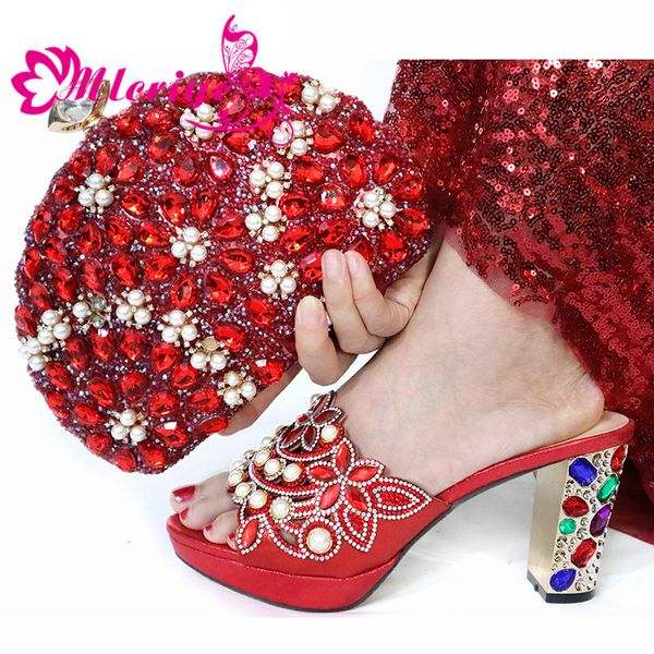 

red color autumn fashion ladies slipper and matching bag set italy style high heel 8.5cm shoes and bag set for party large size, Black