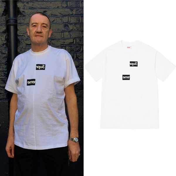 

tide brand supplier 2 colors trendy 18fw cdg split box logo tee bogo misalignment t-shirt round collar loose street hip hop style, Blue;gray