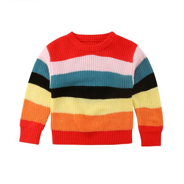 

children girls autumn casual knitted sweaters outwear toddler baby girl rainbow print long sleeve warm sweater jumper 1-6y, Blue