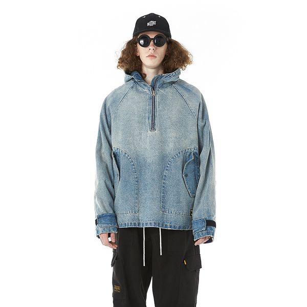 

original hooded pullover japanese style denim jacket male casual jacket male winter trend lamb hair composite denim coat, Black