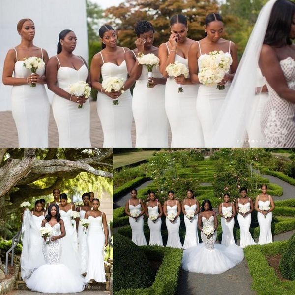 

2018 Elegant White Spaghetti Straps Bridesmaid Dresses Ruched Sleeveless Satin Bridesmaids Dresses Cheap African Wedding Guests Wear