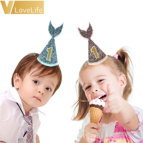 

2pcs mermaid hat 1st headband letter felt flash pink blue mermaid tail hat for p props birthday party theme accessories