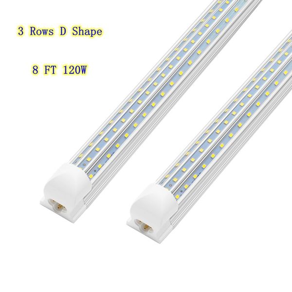 8Ft LED Shop Light, 120W, 12000LM, 6500K, 3 Row D Shape T8 Led Tube Light integrato, bianco freddo, copertura trasparente, uscita alta