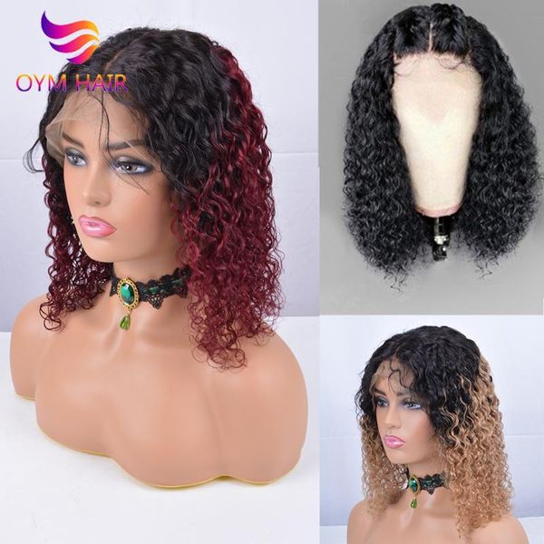 

1b/27 ombre short curly 13x4 lace front human hair wigs with baby hair pre plucked remy brazilian lace bob wigs 150% densty, Black;brown