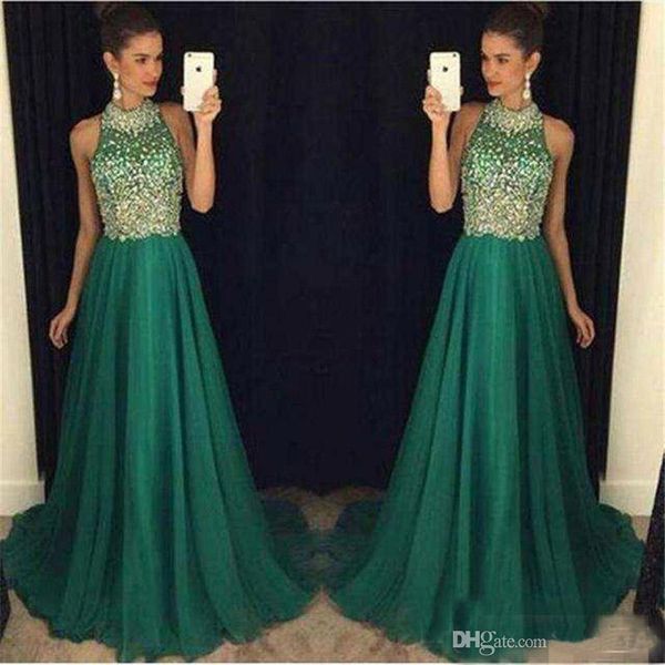 

luxury sparkly crystals beaded dark green prom dresses 2019 high neck sleeveless a line chiffon formal party gowns custom made evening dress, Black