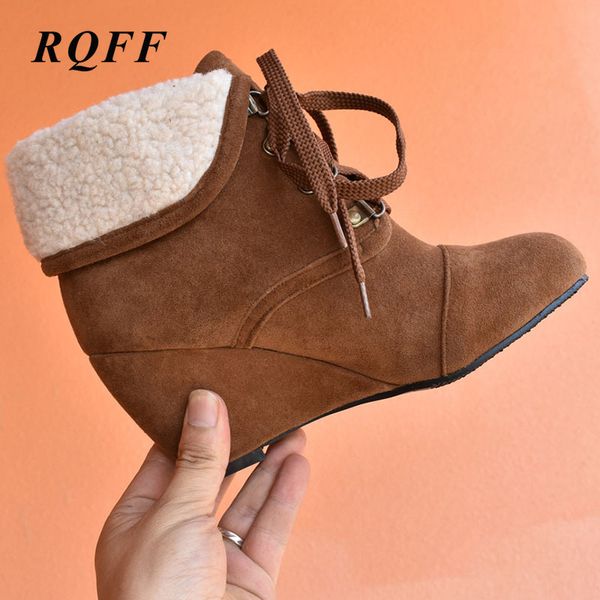 

2019 fashion new autumn winter ankle boots for women flock round toe lace up wedge heel shoes boot woman plus size 46 for black