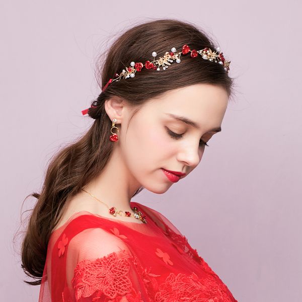 

new bride tiara red korean super fairy beauty wedding jewelry toast clothing hair accessories three-piece suit, Golden;white