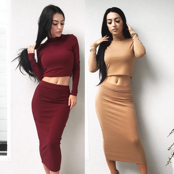 

crop and maxi skirt two pieces dress set club autumn long sleeve dress outfit clothes for women matching sets, White