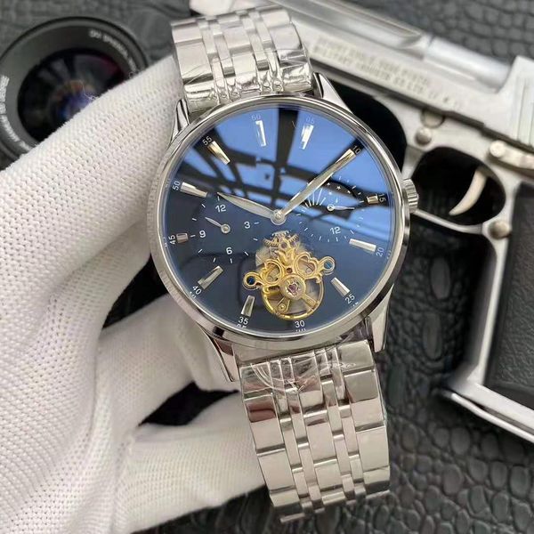 

men's luxury watch sun moon conversion tourbillon calendar dial 42mm316 precision steel strap automatic mechanical men's watch, Slivery;brown