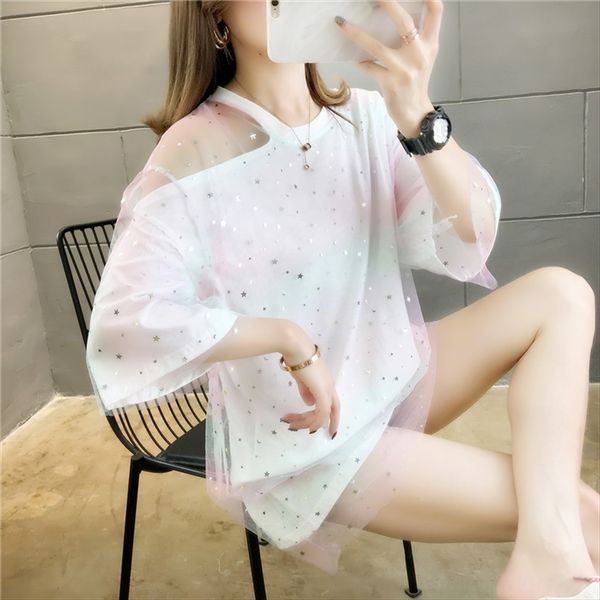 

medium-long t-shirt short-sleeved women's loose regular mesh shirt fake round collar super fashion, White