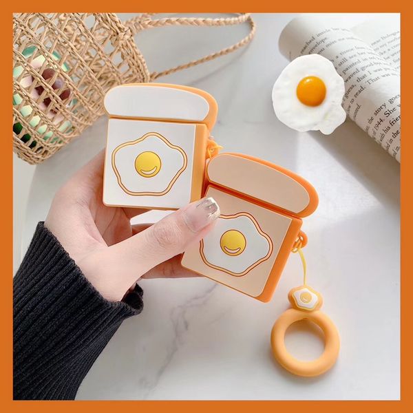 

cute toast egg silicone case with ring bluetooth wireless earphone case for airpods charging box protective cover (excluding headphones